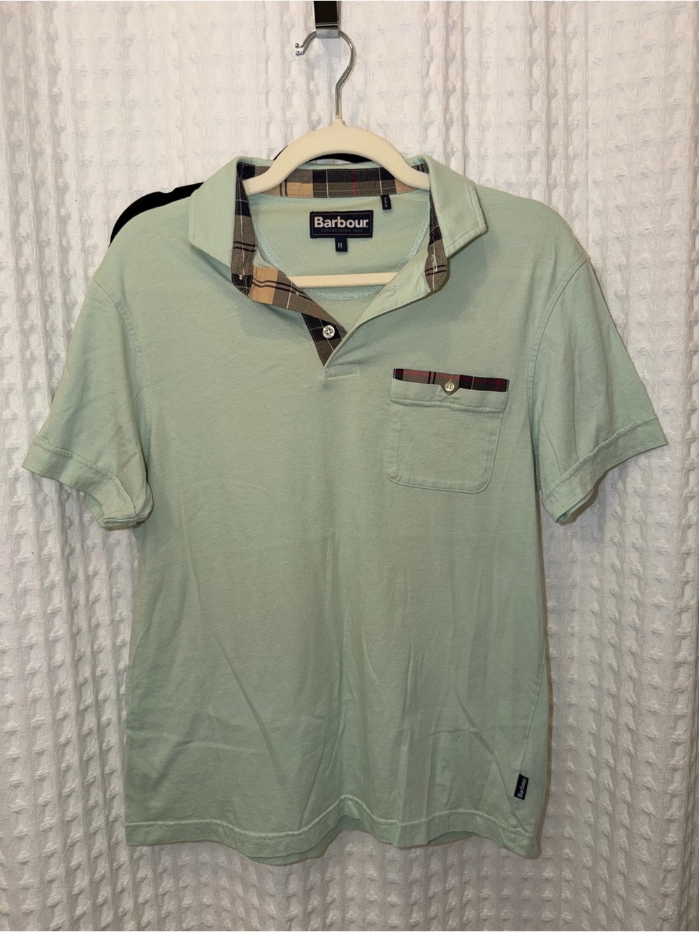 Barbour Mint Green Short-Sleeve Polo with Plaid Trim